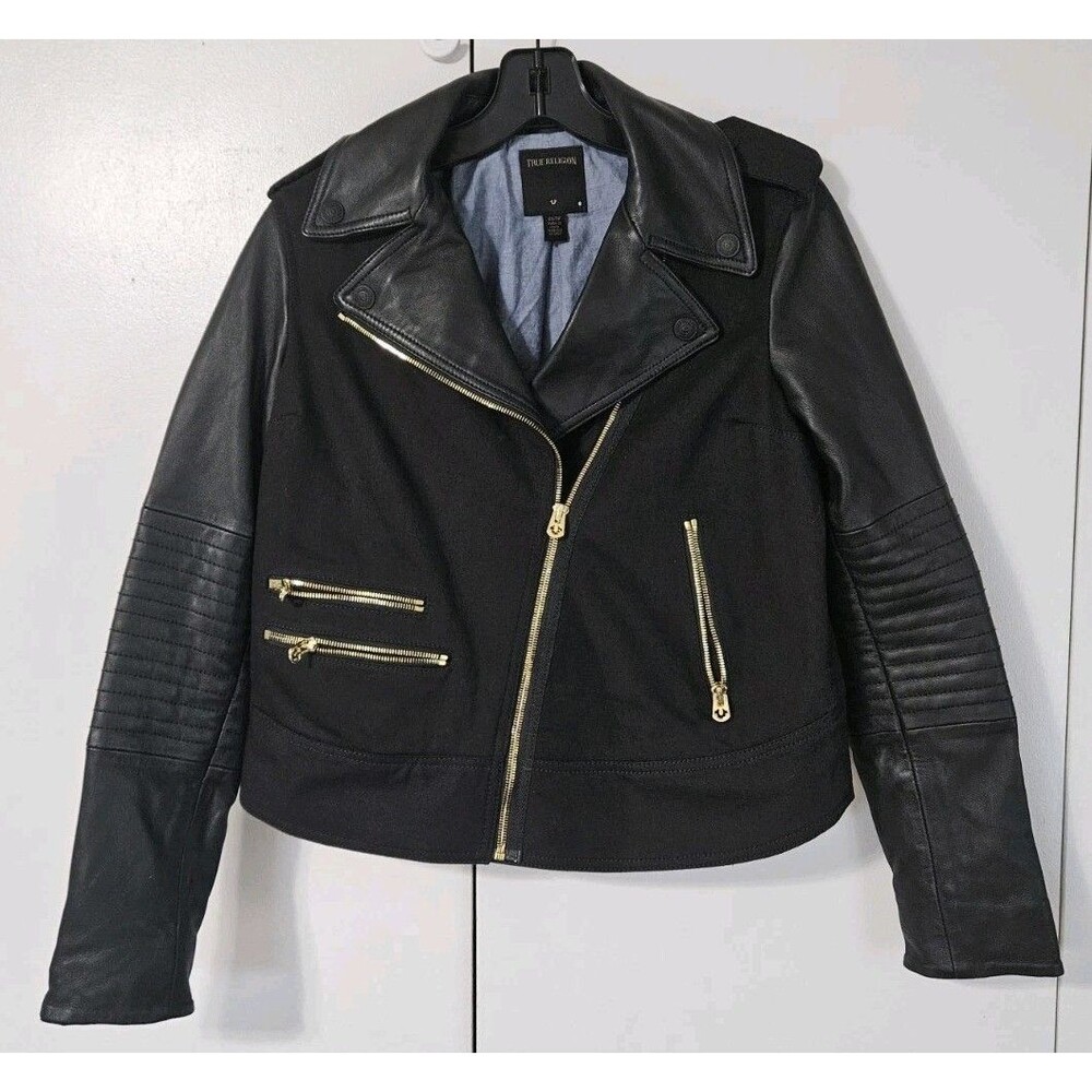 True Religion Lamb Leather Moto Jacket Womens XS Black Biker Gold Zip Quilted